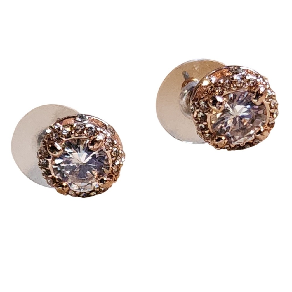 Clear Cubic Zirconia  Goldtone Halo Stud Earrings Small‎ Round Crystal Sparkle